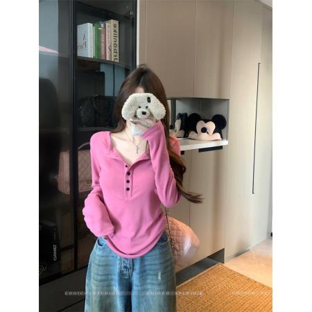 FA44854# 设计感纯色纽扣半开领长袖T恤女装秋季宽松百搭休闲上衣 服裝批發女裝批發服飾貨源