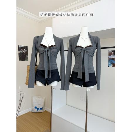 FA44867# 貂毛拼接蝴蝶结抹胸上衣针织坎肩两件套 服裝批發女裝批發服飾貨源