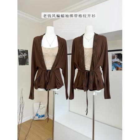 FA44868# 精致感老钱风双面穿蝙蝠袖绑带格纹开衫披肩毛衫外套 服裝批發女裝批發服飾貨源