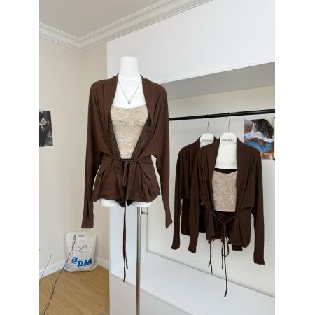 FA44868# 精致感老钱风双面穿蝙蝠袖绑带格纹开衫披肩毛衫外套 服裝批發女裝批發服飾貨源