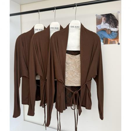 FA44868# 精致感老钱风双面穿蝙蝠袖绑带格纹开衫披肩毛衫外套 服裝批發女裝批發服飾貨源