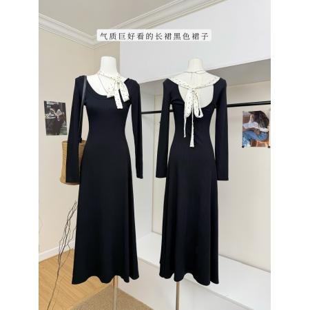 FA44869# 红人馆长袖连衣裙女秋冬季新款法式气质巨好看的长裙黑色裙子 服裝批發女裝批發服飾貨源