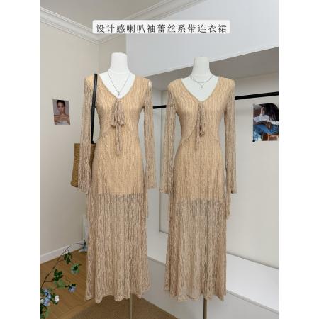 FA44870# 法式气质设计感喇叭袖针织蕾丝透感系带连衣裙潮 服裝批發女裝批發服飾貨源