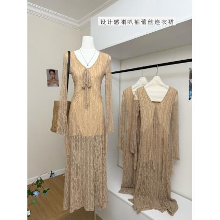 FA44870# 法式气质设计感喇叭袖针织蕾丝透感系带连衣裙潮 服裝批發女裝批發服飾貨源