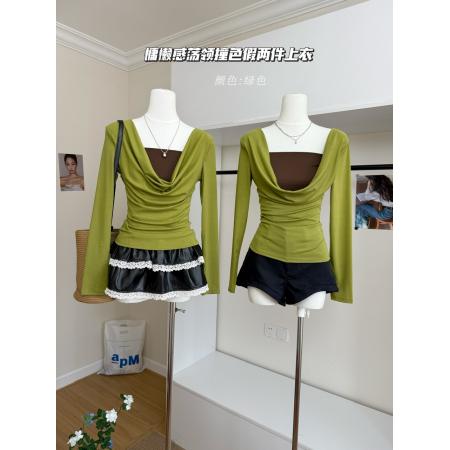 FA44871# 气质慵懒感荡领针织衫撞色假两件长袖上衣秋 服裝批發女裝批發服飾貨源