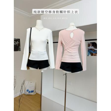 FA44873# 绒绒奶皮Tee纯欲镂空修身磨毛内搭打底衫软糯针织上衣 服裝批發女裝批發服飾貨源