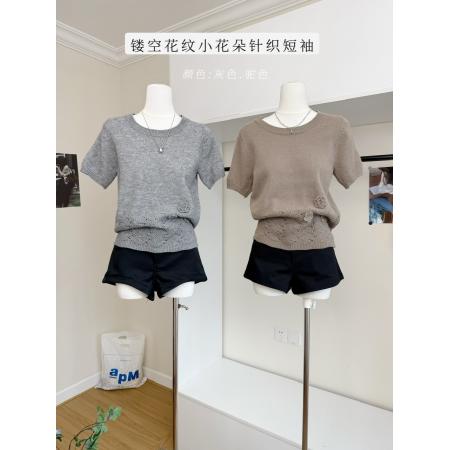 FA44874# 卡农镂空花纹小花朵针织短袖t恤女新款宽松显瘦上衣 服裝批發女裝批發服飾貨源