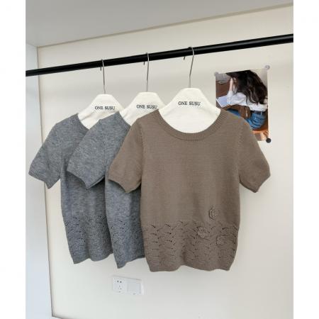 FA44874# 卡农镂空花纹小花朵针织短袖t恤女新款宽松显瘦上衣 服裝批發女裝批發服飾貨源