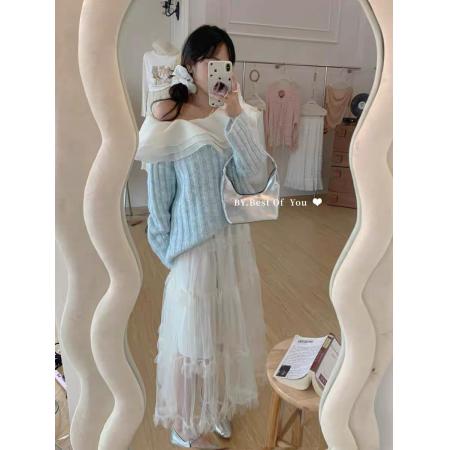 FA44880# 白色一字肩毛衣女秋季穿搭新款高级感慵懒宽松韩系针织衫上衣 服裝批發女裝批發服飾貨源