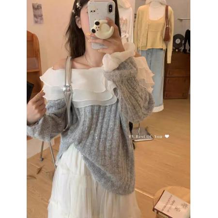 FA44880# 白色一字肩毛衣女秋季穿搭新款高级感慵懒宽松韩系针织衫上衣 服裝批發女裝批發服飾貨源