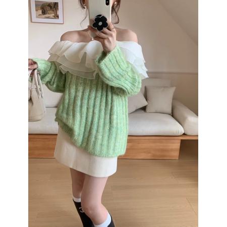 FA44880# 白色一字肩毛衣女秋季穿搭新款高级感慵懒宽松韩系针织衫上衣 服裝批發女裝批發服飾貨源