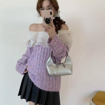 FA44880# 白色一字肩毛衣女秋季穿搭新款高级感慵懒宽松韩系针织衫上衣 服裝批發女裝批發服飾貨源