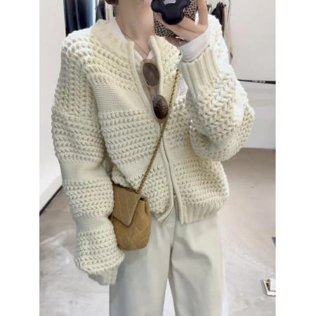 FA44883# 秋冬新款设计感双拉链针织开衫时尚百搭宽松显瘦长袖毛衣外套 服裝批發女裝批發服飾貨源