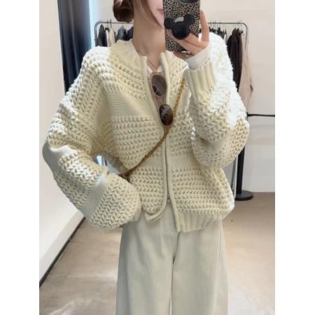 FA44883# 秋冬新款设计感双拉链针织开衫时尚百搭宽松显瘦长袖毛衣外套 服裝批發女裝批發服飾貨源