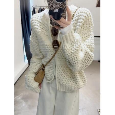 FA44883# 秋冬新款设计感双拉链针织开衫时尚百搭宽松显瘦长袖毛衣外套 服裝批發女裝批發服飾貨源