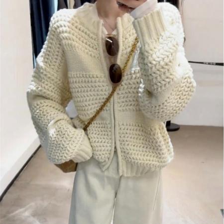 FA44883# 秋冬新款设计感双拉链针织开衫时尚百搭宽松显瘦长袖毛衣外套 服裝批發女裝批發服飾貨源