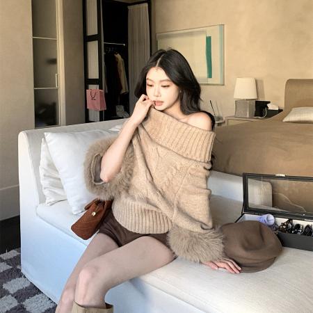 FA44884# ～秋冬袖口狐狸毛高领羊毛混纺麻花毛衣+羊毛打底+a字短裤女 服裝批發女裝批發服飾貨源