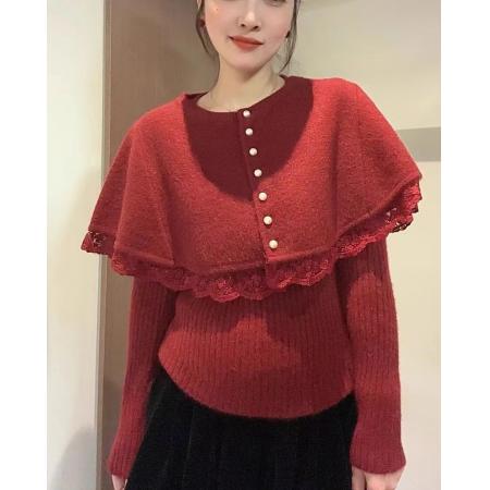 FA44886# 法式复古甜美蕾丝花边拼接斗篷披肩针织打底衫毛衣两件套装女秋冬 服裝批發女裝批發服飾貨源