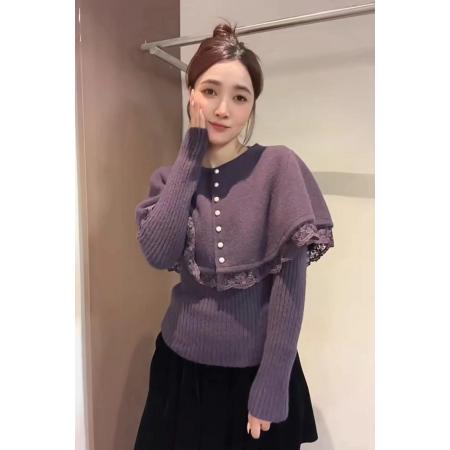 FA44886# 法式复古甜美蕾丝花边拼接斗篷披肩针织打底衫毛衣两件套装女秋冬 服裝批發女裝批發服飾貨源