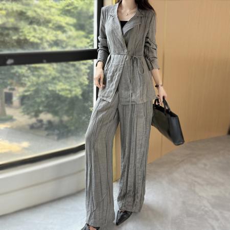 FA44895# 麻肌理感斜裁修身西装外套休闲长西裤套装女 服裝批發女裝批發服飾貨源