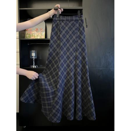 FA44899# 五线打边斜纹蓝灰格纹磨毛半身裙秋冬加厚 服裝批發女裝批發服飾貨源