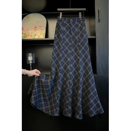 FA44899# 五线打边斜纹蓝灰格纹磨毛半身裙秋冬加厚 服裝批發女裝批發服飾貨源