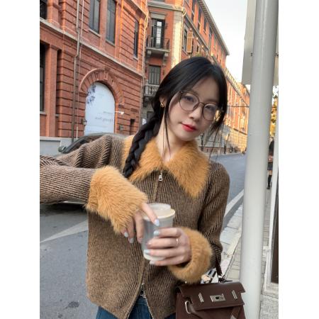 FA44919# 纯欲甜辣妹设计感娃娃领撞色拼接毛毛针织毛衣 服裝批發女裝批發服飾貨源