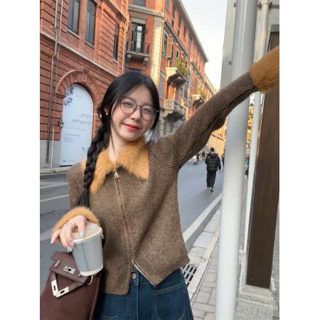 FA44919# 纯欲甜辣妹设计感娃娃领撞色拼接毛毛针织毛衣 服裝批發女裝批發服飾貨源