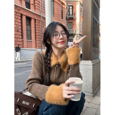 FA44919# 纯欲甜辣妹设计感娃娃领撞色拼接毛毛针织毛衣 服裝批發女裝批發服飾貨源