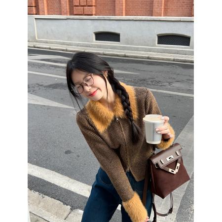 FA44919# 纯欲甜辣妹设计感娃娃领撞色拼接毛毛针织毛衣 服裝批發女裝批發服飾貨源