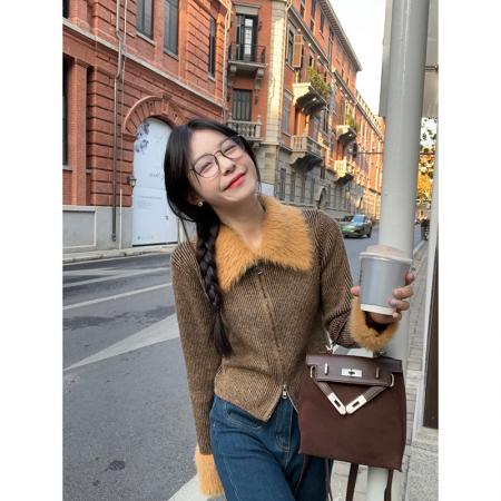 FA44919# 纯欲甜辣妹设计感娃娃领撞色拼接毛毛针织毛衣 服裝批發女裝批發服飾貨源