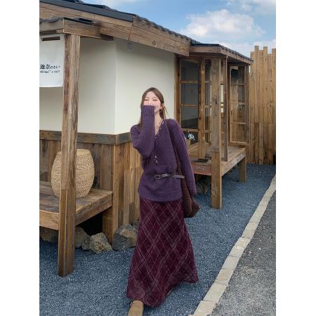 FA44921# 甜美设计感V领套头毛衣+斜纹格子吊带连衣裙两件套装 服裝批發女裝批發服飾貨源
