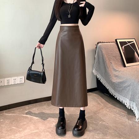 FA44924# 简约秋冬百搭通勤上班族PU皮A字中长期半身裙女 服裝批發女裝批發服飾貨源