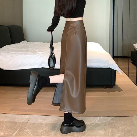 FA44924# 简约秋冬百搭通勤上班族PU皮A字中长期半身裙女 服裝批發女裝批發服飾貨源