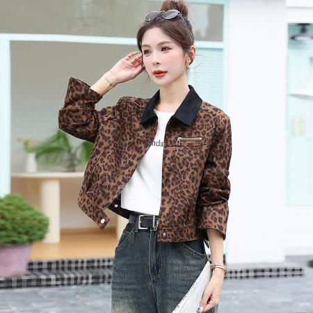 FA44930# 洋气豹纹短外套女春秋新款小个子短款夹克棒球服休闲夹克 服裝批發女裝批發服飾貨源