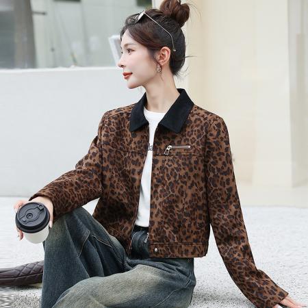 FA44930# 洋气豹纹短外套女春秋新款小个子短款夹克棒球服休闲夹克 服裝批發女裝批發服飾貨源