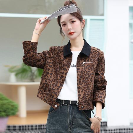 FA44930# 洋气豹纹短外套女春秋新款小个子短款夹克棒球服休闲夹克 服裝批發女裝批發服飾貨源