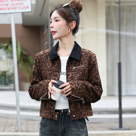 FA44930# 洋气豹纹短外套女春秋新款小个子短款夹克棒球服休闲夹克 服裝批發女裝批發服飾貨源