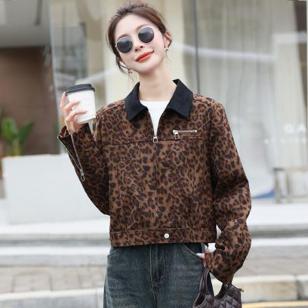 FA44930# 洋气豹纹短外套女春秋新款小个子短款夹克棒球服休闲夹克 服裝批發女裝批發服飾貨源