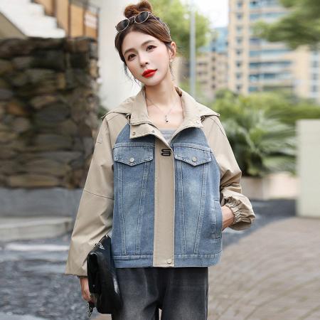 FA44938# 休闲设计撞色拼接牛仔外套女新款松弛感连帽时尚上衣 服裝批發女裝批發服飾貨源