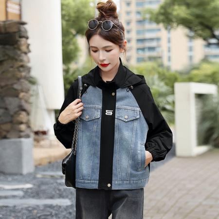 FA44938# 休闲设计撞色拼接牛仔外套女新款松弛感连帽时尚上衣 服裝批發女裝批發服飾貨源