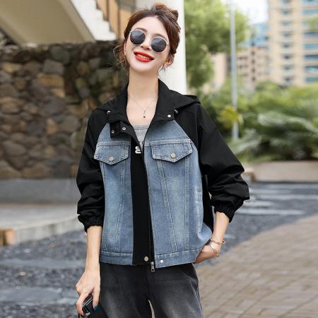 FA44938# 休闲设计撞色拼接牛仔外套女新款松弛感连帽时尚上衣 服裝批發女裝批發服飾貨源