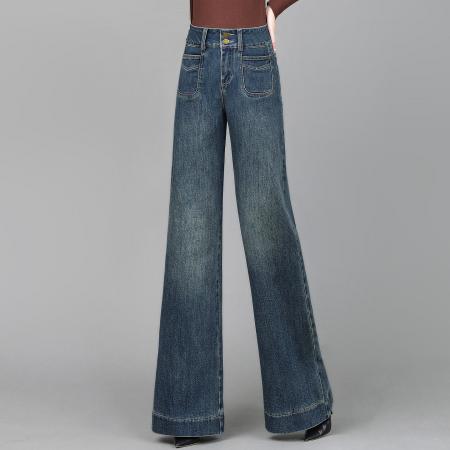 FA44954# 复古蓝加长阔腿牛仔裤女春秋高个子新款高腰宽松微喇拖地裤 服裝批發女裝批發服飾貨源