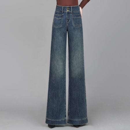 FA44954# 复古蓝加长阔腿牛仔裤女春秋高个子新款高腰宽松微喇拖地裤 服裝批發女裝批發服飾貨源