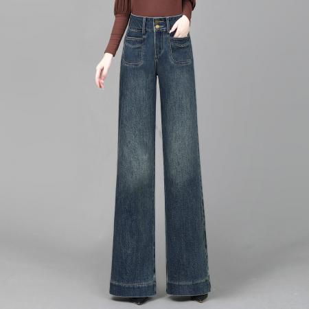 FA44954# 复古蓝加长阔腿牛仔裤女春秋高个子新款高腰宽松微喇拖地裤 服裝批發女裝批發服飾貨源