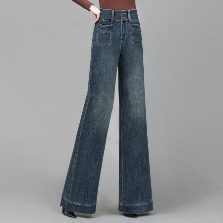 FA44954# 复古蓝加长阔腿牛仔裤女春秋高个子新款高腰宽松微喇拖地裤 服裝批發女裝批發服飾貨源
