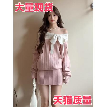 FA44961# 韩系蝴蝶结一字肩长袖连衣裙女秋冬名媛气质宽松显瘦纯欲包臀短裙 服裝批發女裝批發服飾貨源