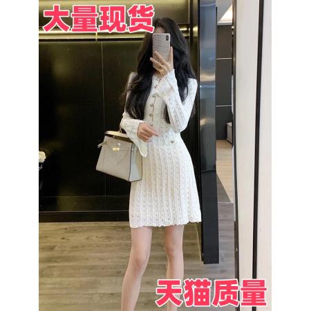 FA44967# 女士秋冬针织连衣裙长袖收腰修身包臀打底裙纯色镂空气质甜美短裙 服裝批發女裝批發服飾貨源