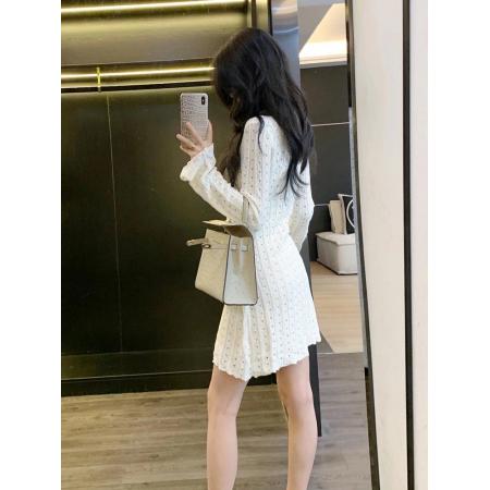 FA44967# 女士秋冬针织连衣裙长袖收腰修身包臀打底裙纯色镂空气质甜美短裙 服裝批發女裝批發服飾貨源