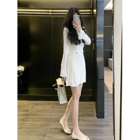 FA44967# 女士秋冬针织连衣裙长袖收腰修身包臀打底裙纯色镂空气质甜美短裙 服裝批發女裝批發服飾貨源